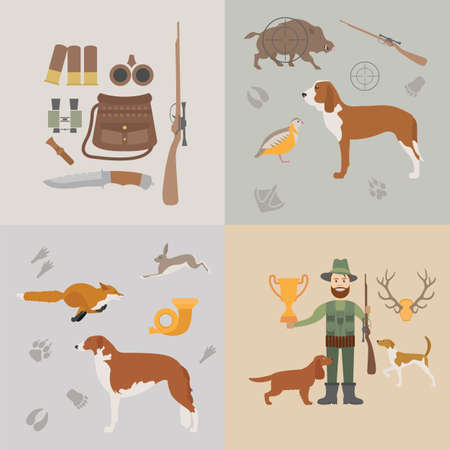 Hunting icon set. Dog hunting, equipment. Flat style. Vector illustrationのイラスト素材