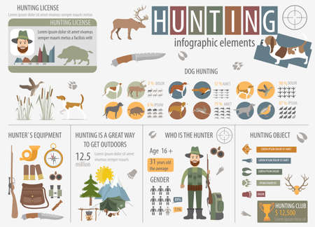 Hunting infographic template. Dog hunting, equipment, statistical data. Flat styleのイラスト素材