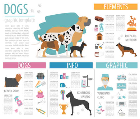 Dog info graphic template. Heatlh care, vet, nutrition, exhibition. Vector illustrationのイラスト素材