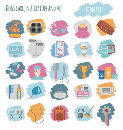 Dog icon set. Heatlh care, vet, nutrition, exhibition. Vector illustrationのイラスト素材