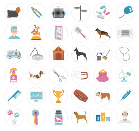 Dog icon set. Heatlh care, vet, nutrition, exhibition. Vector illustrationのイラスト素材
