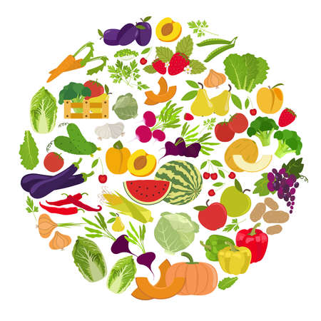 Fruits and vegetables. Nutrition. Icon set. Vector illustrationのイラスト素材