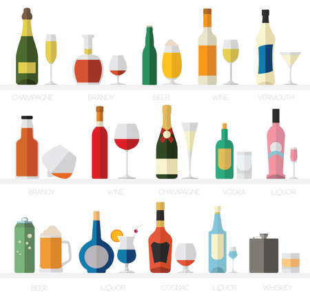 Alcohol glasses and bottles flat icon set. Different alcohol beverages. Vector illustrationのイラスト素材