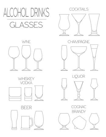 Alcohol glasses flat icon set. Different alcohol beverages. Vector illustrationのイラスト素材