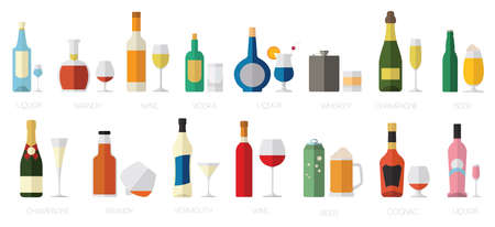 Alcohol glasses and bottles flat icon set. Different alcohol beverages. Vector illustrationのイラスト素材