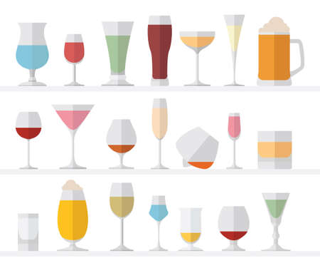 Alcohol glasses flat icon set. Different alcohol beverages. Vector illustrationのイラスト素材