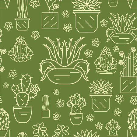 Cactuses and succulents seamless pattern. Thin line design. Houseplants. Vector illustrationのイラスト素材