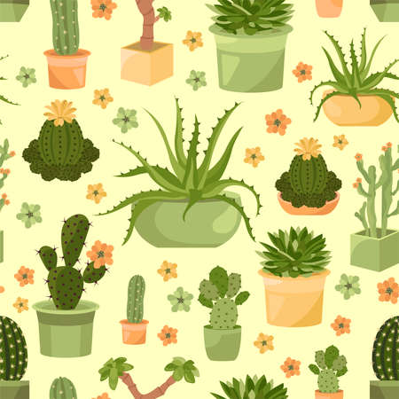 Cactuses and succulents seamless pattern. Houseplants. Vector illustrationのイラスト素材