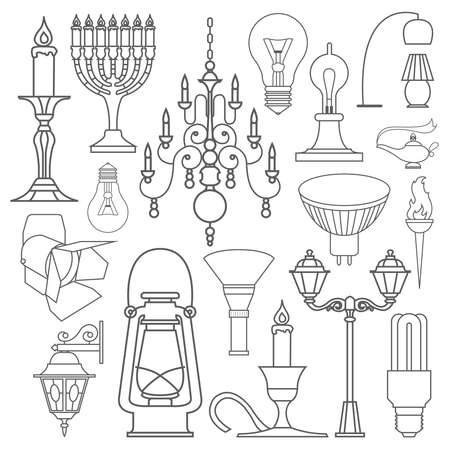Lighting elements icon set. Thin line design. Vector illustrationのイラスト素材