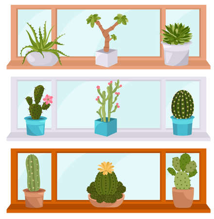 Cactuses and succulents icon set. Houseplants. Vector illustrationのイラスト素材