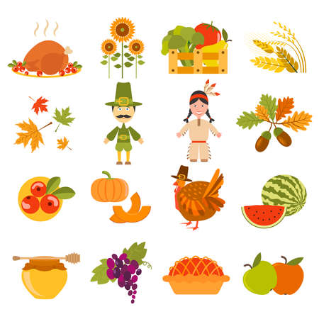 Thanksgiving day icon set. Flat style. Vector illustrationのイラスト素材