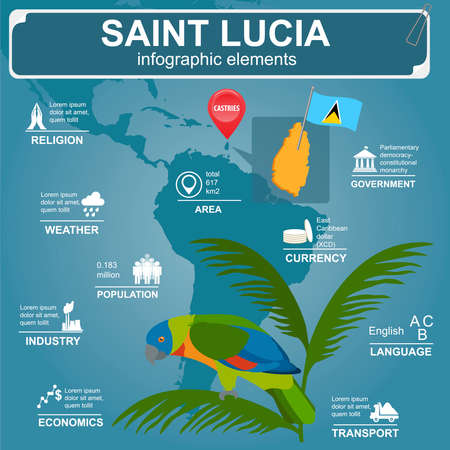 Saint Lucia infographics, statistical data, sights. Amazona versicolor parrot, national symbol. Vector illustrationのイラスト素材