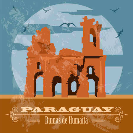 Paraguay landmarks. Ruinas de Humaita. Jesuit of Jesus ruins. Retro styled image. Vector illustrationのイラスト素材