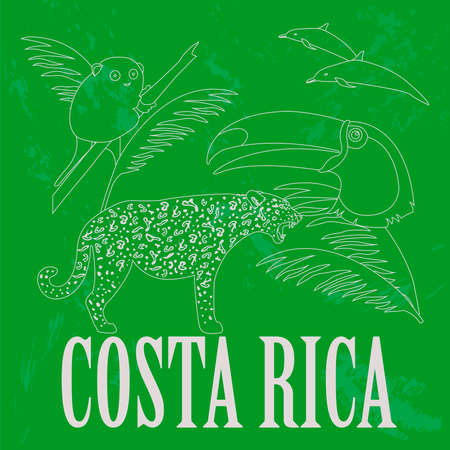 Costa Rica national symbols. Dolphins, jaguar, toucan, lemur. Retro styled image. Vector illustrationのイラスト素材