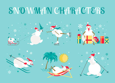 Snowman characters icon set. Flat design. Vector illustrationのイラスト素材