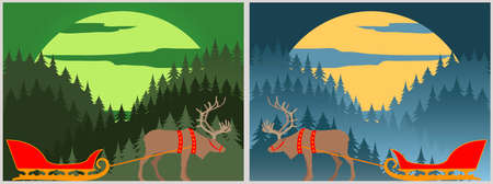 Santa`s sleigh with reindeer. Lapland. Winter forest landscape. Vector illustrationのイラスト素材