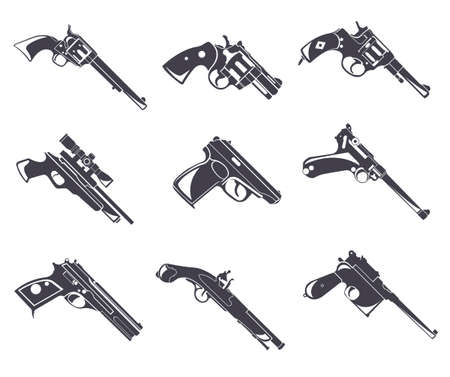 Firearm set. Guns, pistols, revolvers. Flat design. Vector illustrationのイラスト素材