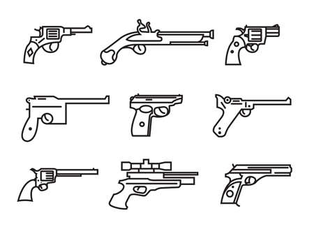 Firearm set. Guns, pistols, revolvers. Flat design. Outline linear version. Vector illustrationのイラスト素材