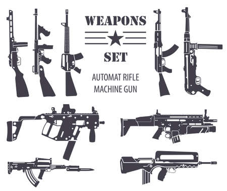 Firearm set. Automatic rifle, machine gun. Flat design. Vector illustrationのイラスト素材