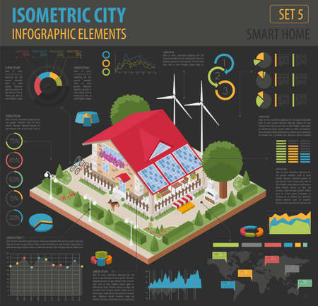 Flat 3d isometric smart home and city map constructor elements such as building, ,  garden, renewable energy isolated on white. Build your own infographic collection. Vector illustrationのイラスト素材