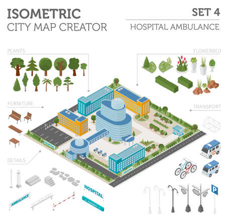 Flat 3d isometric clinic complex and city map constructor elements such as building, hospital, ambulance, pharmacy,  garden isolated on white. Build your own infographic collection. Vector illustrationのイラスト素材