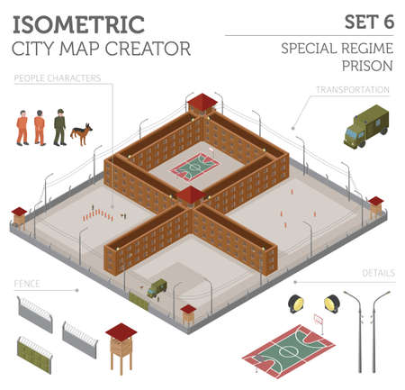 Flat 3d isometric special regime prison, jail for city map constructor isolated on white. Build your own infographic collection. Vector illustrationのイラスト素材