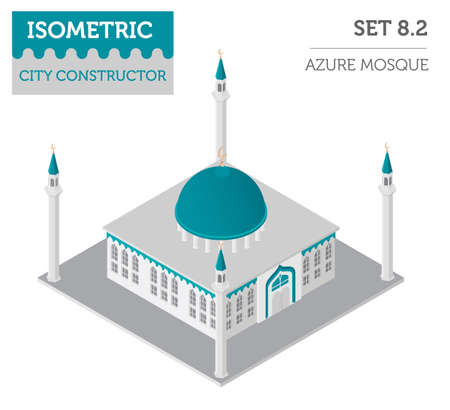 Flat 3d isometric islamic  mosque and city map constructor elements such as building, minaret, garden isolated on white. Build your own infographic collection. Vector illustrationのイラスト素材