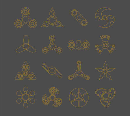 Hand spinner. Fidget toy for increased focus, stress relief. Icon set isolated on black.のイラスト素材