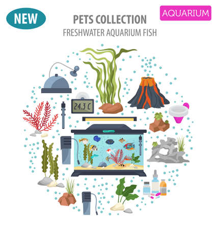 Aquarium appliance icon set flat style isolated on white. Freshwater fish care collection. Create own infographic about pet. Vector illustration.のイラスト素材