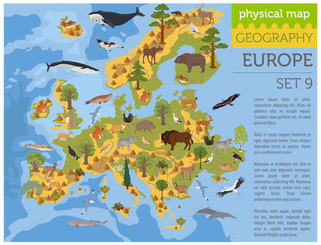 Flat European flora and fauna map constructor elements. Animals, birds and sea life isolated on white big set. Build your own geography infographics collection. Vector illustrationのイラスト素材