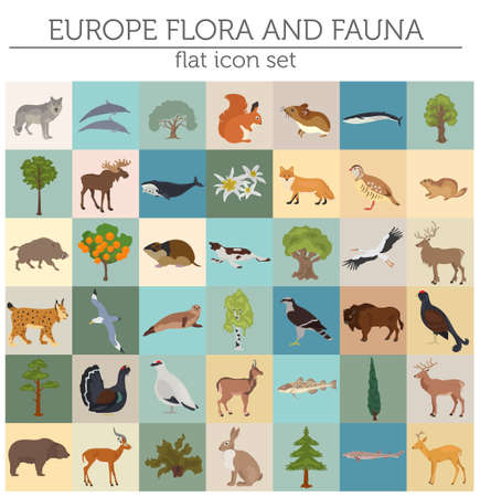 Flat European flora and fauna map constructor elements. Animals, birds and sea life isolated on white big set. Build your own geography infographics collection. Vector illustrationのイラスト素材