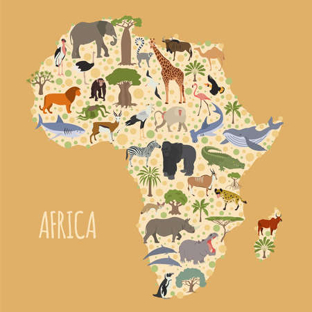 Flat Africa flora and fauna map constructor elements. Animals, birds and sea life isolated on white big set. Build your own geography infographics collection. Vector illustrationのイラスト素材