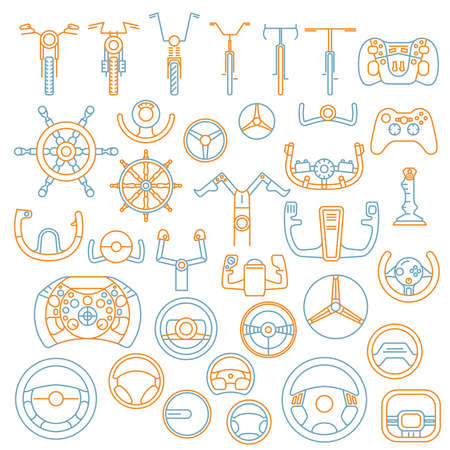 Equipment for transport driving set. Helmet, rudder, steering wheels thin line icons. Vector illustrationのイラスト素材