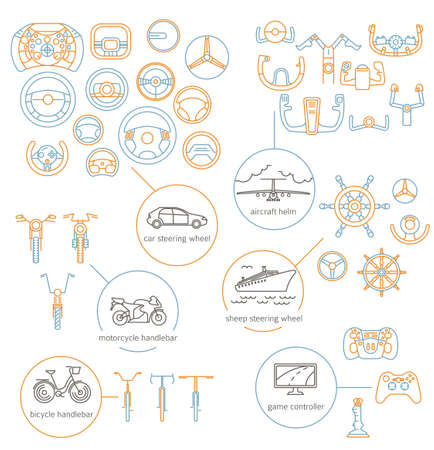 Equipment for transport driving set. Helmet, rudder, steering wheels thin line icons. Vector illustrationのイラスト素材