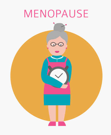 Menopause icon isolated on white. Grandmother is holding alarm clock. Vector illustrationのイラスト素材