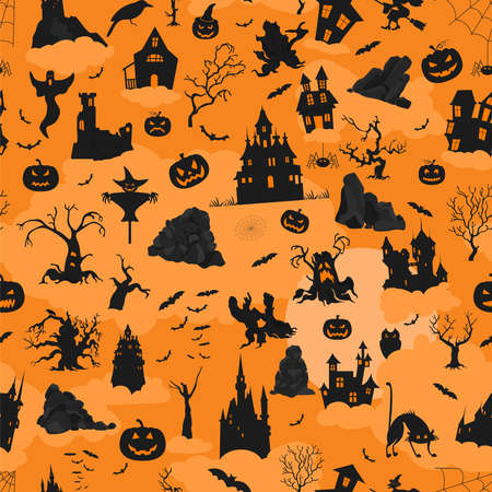 Halloween holiday seamless pattern. Flat design. Vector illustrationのイラスト素材