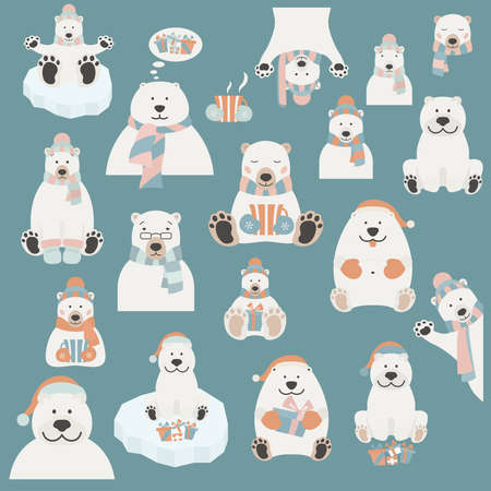 Cute polar bear sticker set. Elements for christmas holiday greeting card, poster design. Vector illustrationのイラスト素材