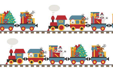 Christmas train with bear, reindeer, gifts. Seamless pattern for children. Vector illustrationのイラスト素材