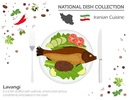 Iranian Cuisine. Middle East national dish collection.  Lavangi fish isolated on white, infograpic. Vector illustration
のイラスト素材