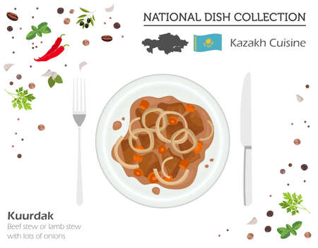 Kazakh Cuisine. Asian national dish collection. Kuurdak isolated on white, infograpic. Vector illustrationのイラスト素材