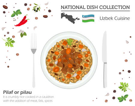 Uzbek Cuisine. Asian national dish collection. Pilaf isolated on white, infograpic. Vector illustrationのイラスト素材