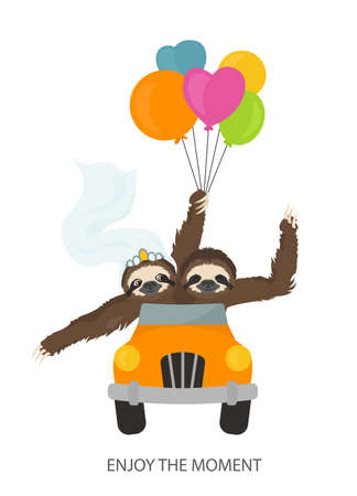 The story of one sloth. Love, wedding, honeymoon. Funny cartoon sloths in different postures set. Vector illustrationのイラスト素材