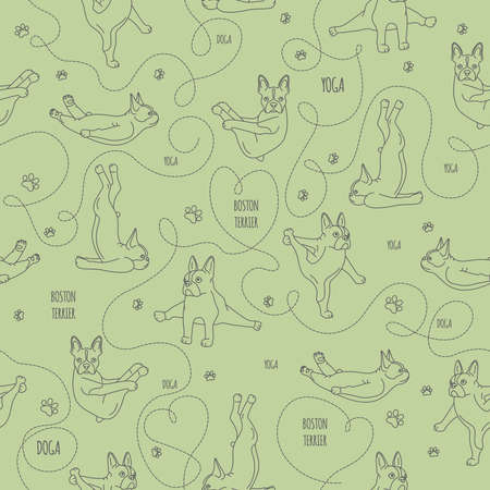 Yoga dogs poses and exercises. French bulldog linear seamless pattern.のイラスト素材