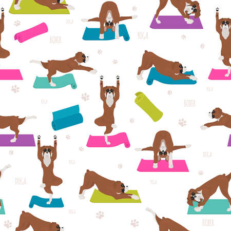 Yoga dogs poses and exercises. Boxer dog seamless pattern. Vector illustrationのイラスト素材