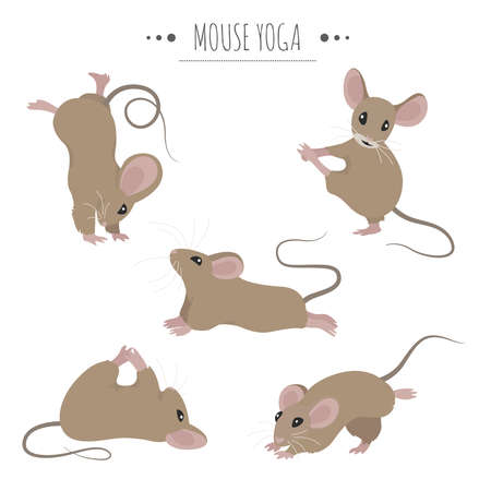 Mouse yoga poses and exercises. Cute cartoon clipart set. Vector illustrationのイラスト素材