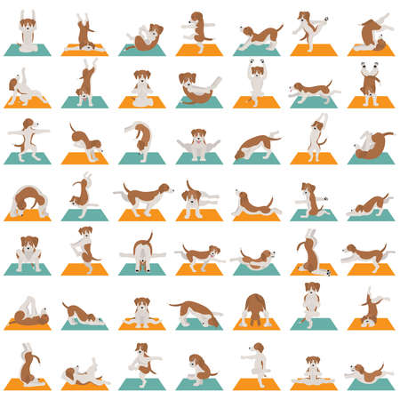 Yoga dogs poses and exercises doing clipart. Funny cartoon poster seamless pattern design. Vector illustrationのイラスト素材
