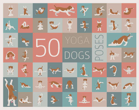 Yoga dogs poses and exercises doing clipart. Funny cartoon poster design. Vector illustrationのイラスト素材