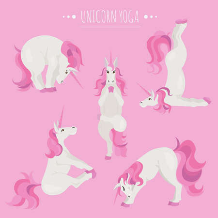 White unicorn yoga poses and exercises. Cute cartoon clipart set. Vector illustrationのイラスト素材