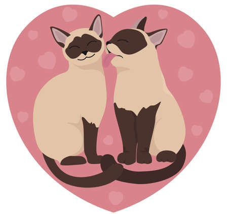 Two siamese cats, pink heart. Valentine's day design. Vector illustrationのイラスト素材