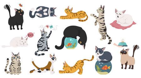 Cartoon cat characters collection. Different cat`s poses, yoga and emotions set. Flat color simple style design. Vector illustrationのイラスト素材